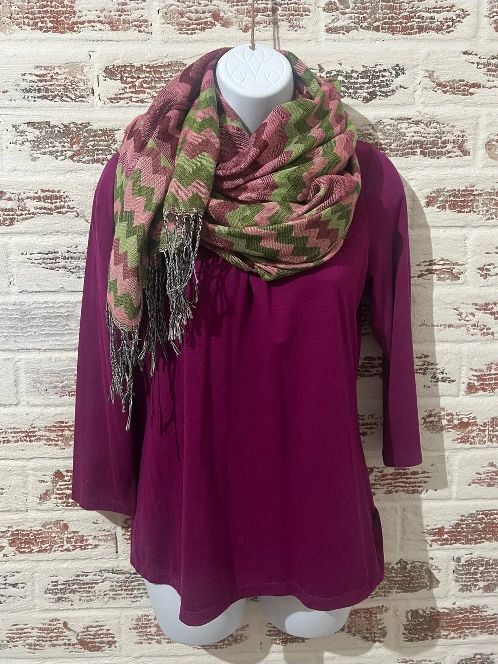 Women’s Chevron Scarf Pink Green Burgundy Zigzag Knit Fringed Wrap
